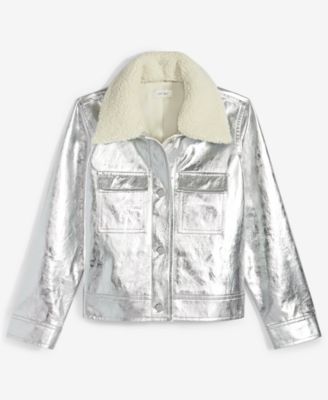 Women's Solid Metallic Faux-Leather Jacket with Removable Faux-Sherpa Collar, Exclusively at Macy's