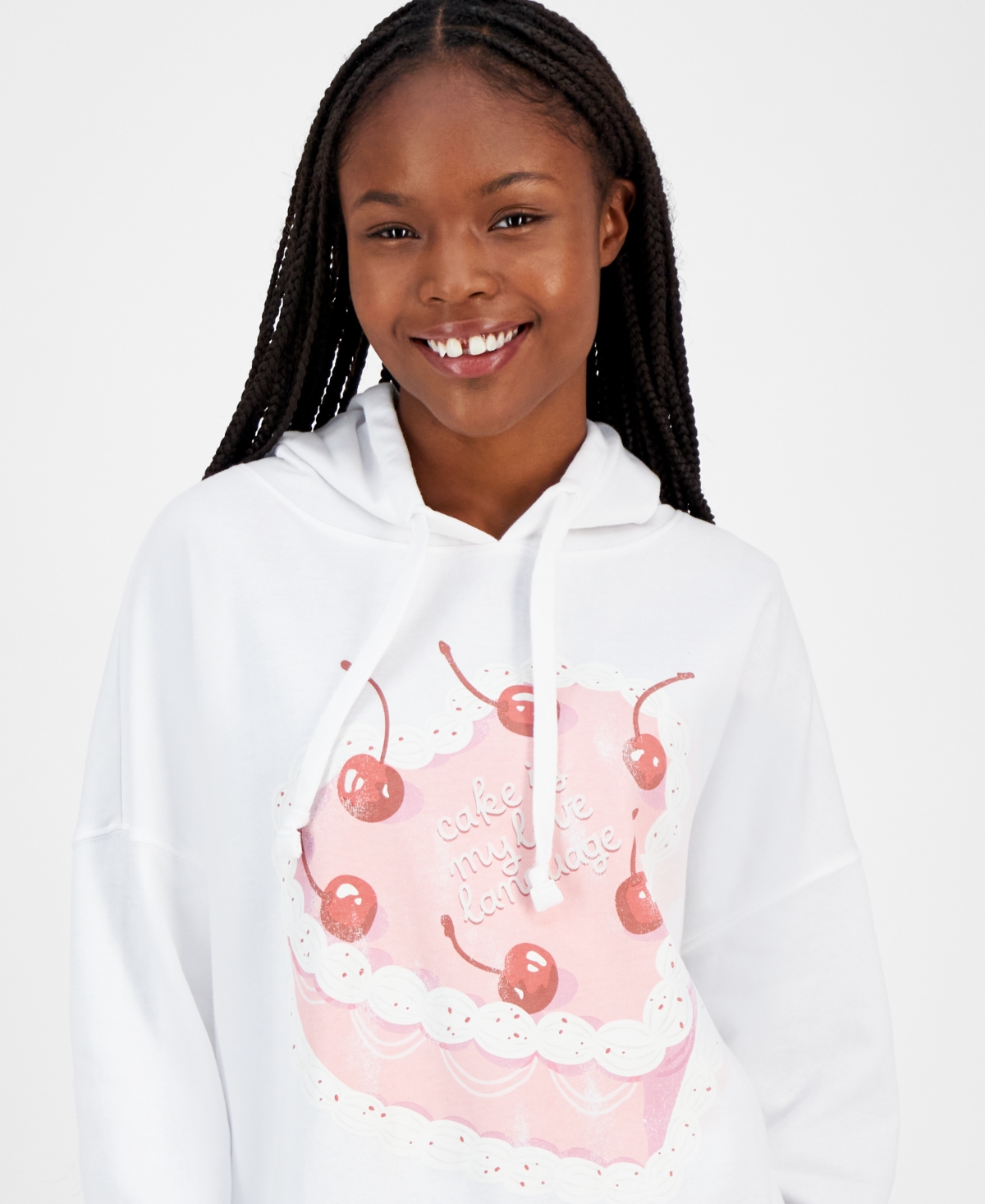 Juniors' Cake Is My Love Language Graphic Hoodie - White
