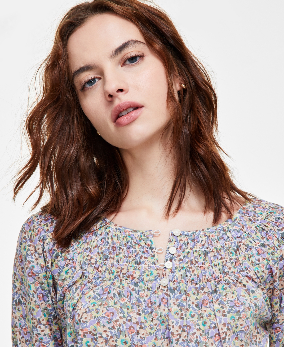 LUCKY BRAND WOMEN'S SMOCKED LONG-SLEEVE BLOUSE 