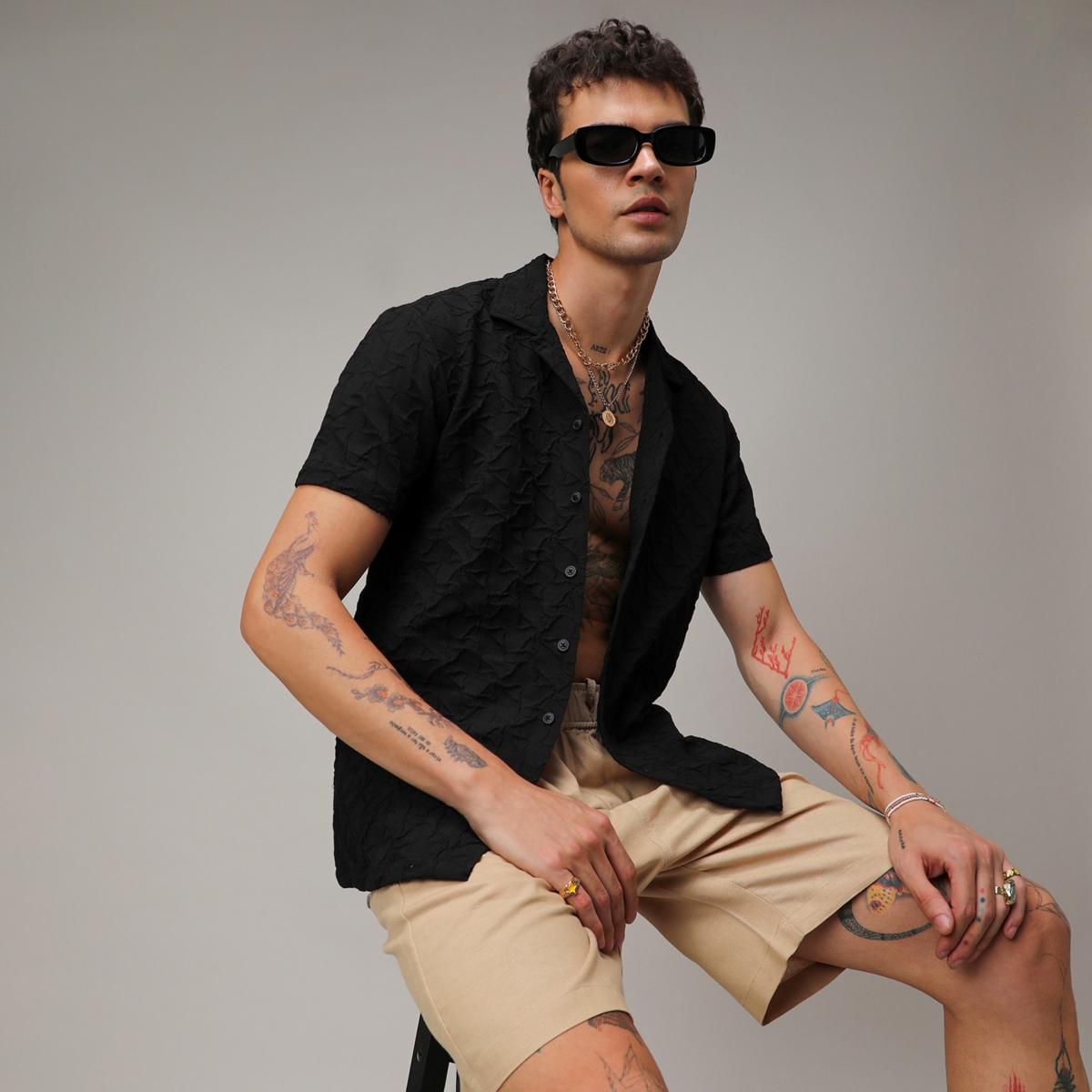 Campus Sutra Men's OnyxCrumble Textured Shirt - Black