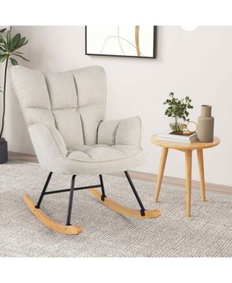 1 Count Linen Fabric Nursery Rocking Chair with High Backrest Padded Armrests & Seat for Nursery Light