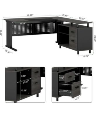 63 Inch Executive Desk with File Cabinet, Large Office Desk L Shaped Computer Desk with Drawers and Storage Shelves