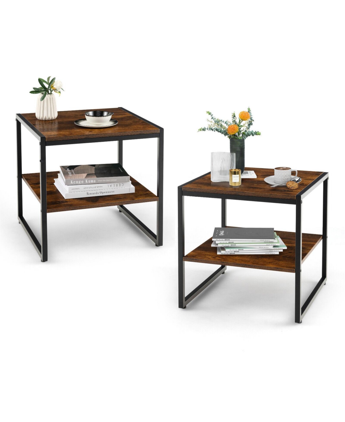 Gymax 2PCS 2-Tier End Side Sofa Coffee Table 20'' Square Table for Living Room Bedroom - Rustic brown+black