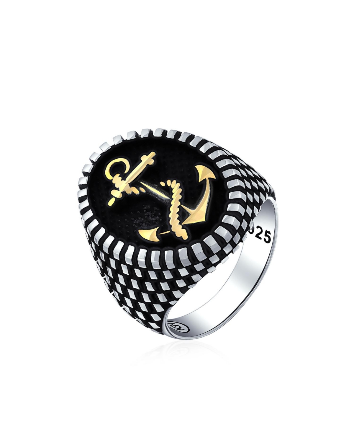 Bling Jewelry Large Rope Anchor Signet Ring Checker Board Black .925 Silver - Black gold-tone