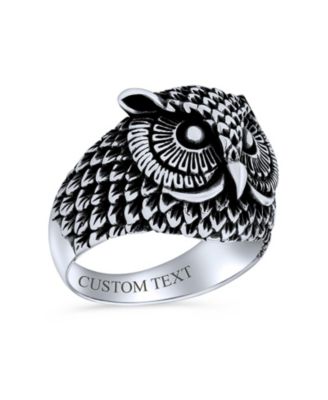 Protection Wise Owl Bird Band Ring Oxidized .925 Sterling Silver
