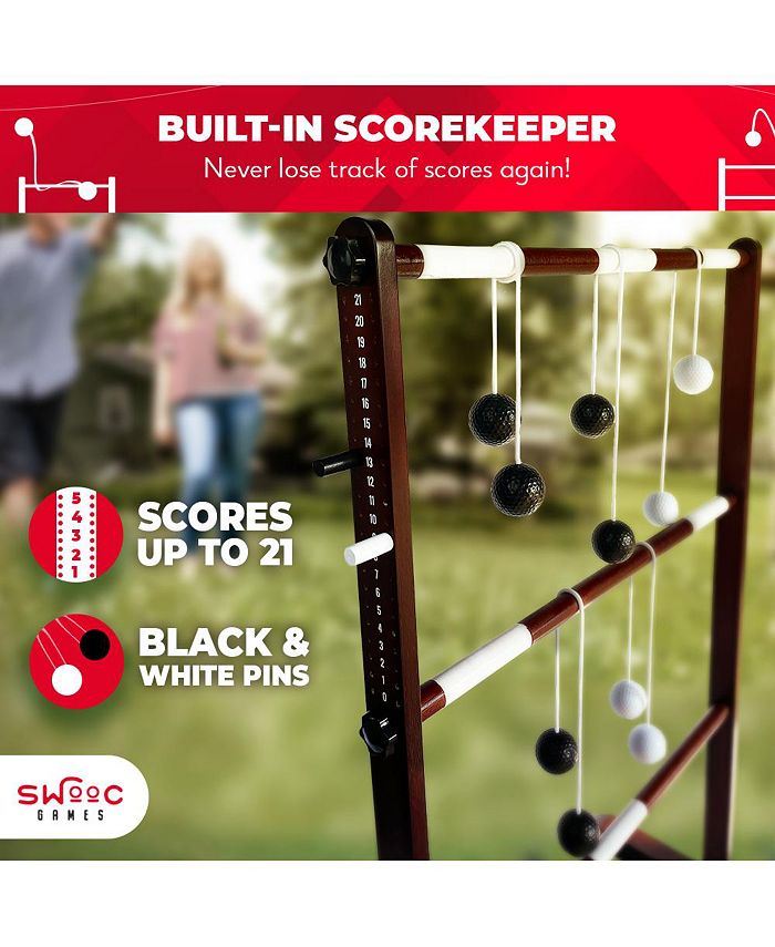 SWOOC Wooden Ladder Ball Game Set (Weather Resistant) - With 10 Games & Carrying Case - Easy, No Tool Asssembly - Yard Games - Brown - Medium