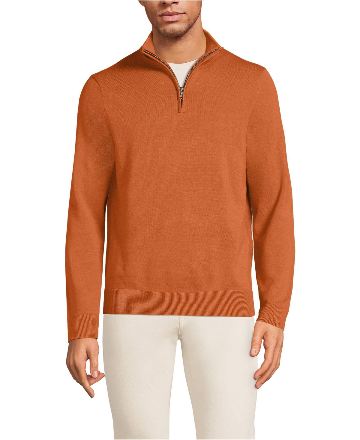 Lands' End Men's Long Sleeve Fine Gauge Cotton Quarter Zip Sweater - Fresh cinnamon