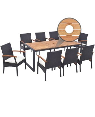 9 Pieces Patio Rattan Dining Set with Acacia Wood Table, 1.9" Umbrella Hole
