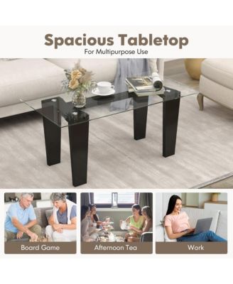 Rectangle Coffee Table Modern Tempered Glass Top Accent Table Black