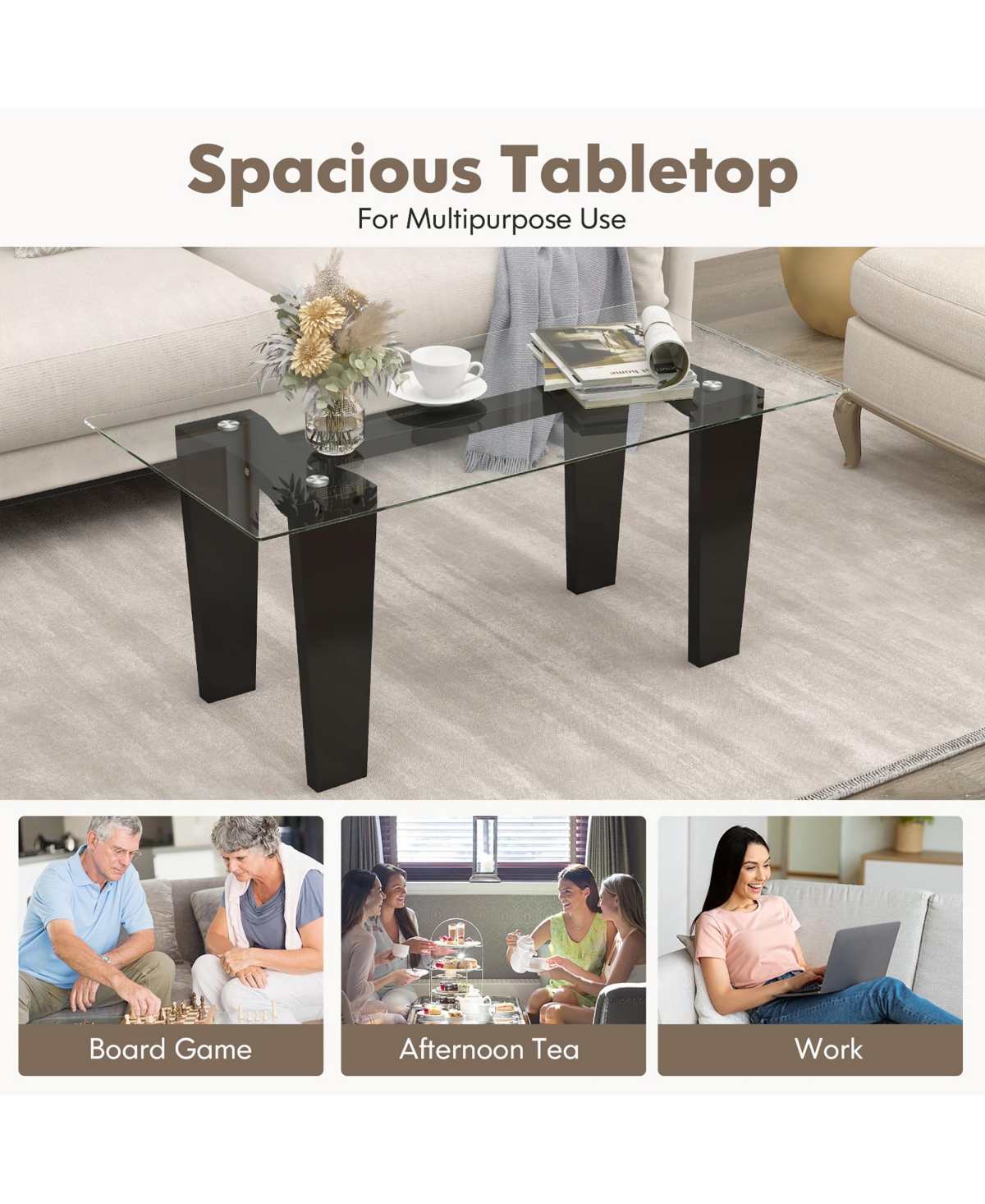 Gymax Rectangle Coffee Table Modern Tempered Glass Top Accent Table Black - Transparent + black