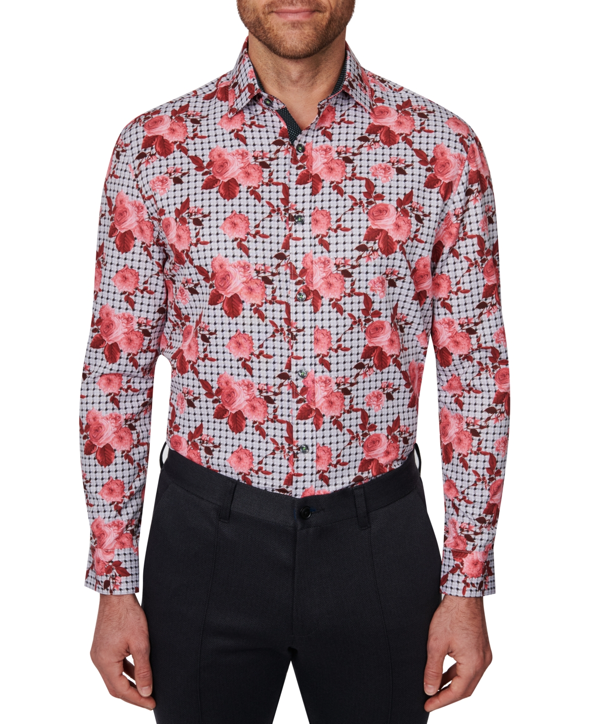 Society Of Threads Men's Slim Fit Non-iron Floral-print Performance Stretch Dress Shirt In Multi