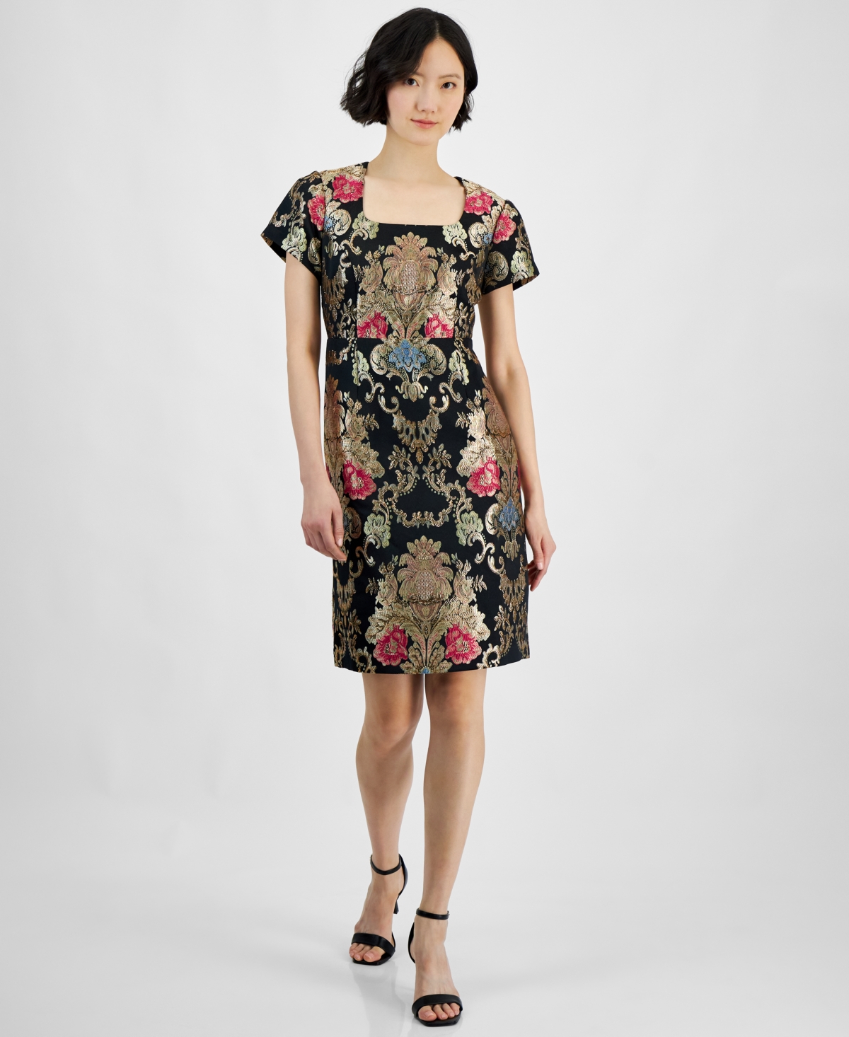 Tahari Petite Short-sleeve Embellished Brocade Dress In Black Multi