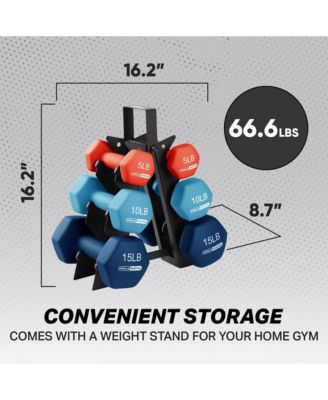 5, 10, and 15 Pound Neoprene Dumbbell Weight Set with Storage Rack