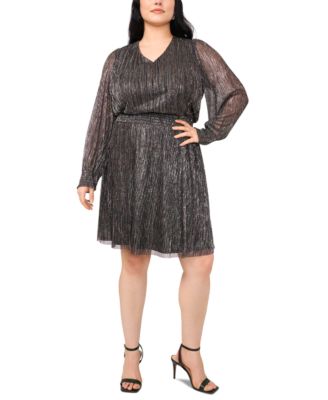 MSK - Plus Size V-Neck Metallic-Threaded Smocked-Waist Dress