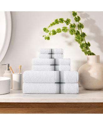 Luxury White/Ombre Stripe 6-Piece Bath Towel Set, 600 GSM, Soft 100% Turkish Cotton Bathroom Towels, Made in Turkey, 2 Bath Towels, 2 Hand Towels, 2 Washcloths