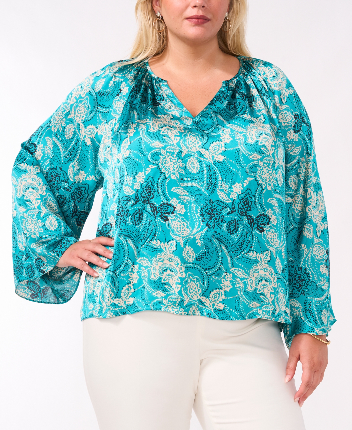 VINCE CAMUTO PLUS SIZE PRINTED SPLIT-NECK LONG-SLEEVE BLOUSE, CREATED FOR MACY'S 