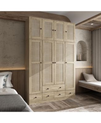 Brown Rattan Doors Wardrobe with 5-Drawers,2-Hanging Rods,Top Cabinet
