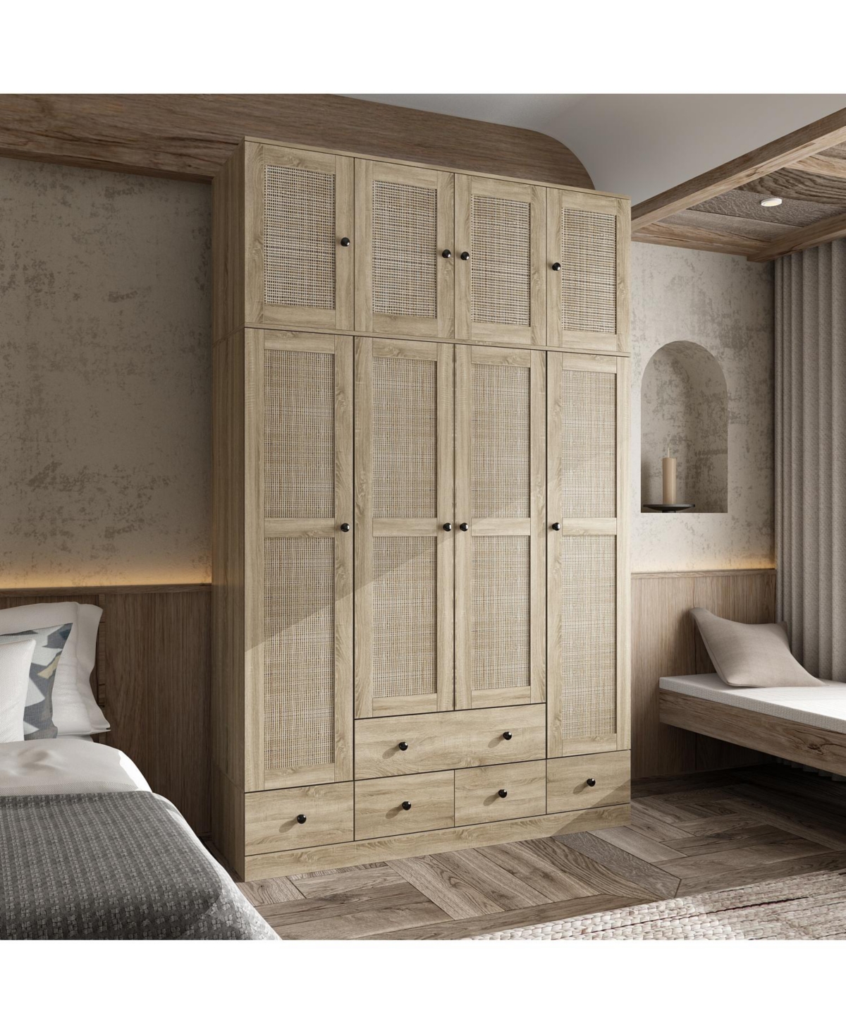 Famapy Brown Rattan Doors Wardrobe with 5-Drawers,2-Hanging Rods,Top Cabinet