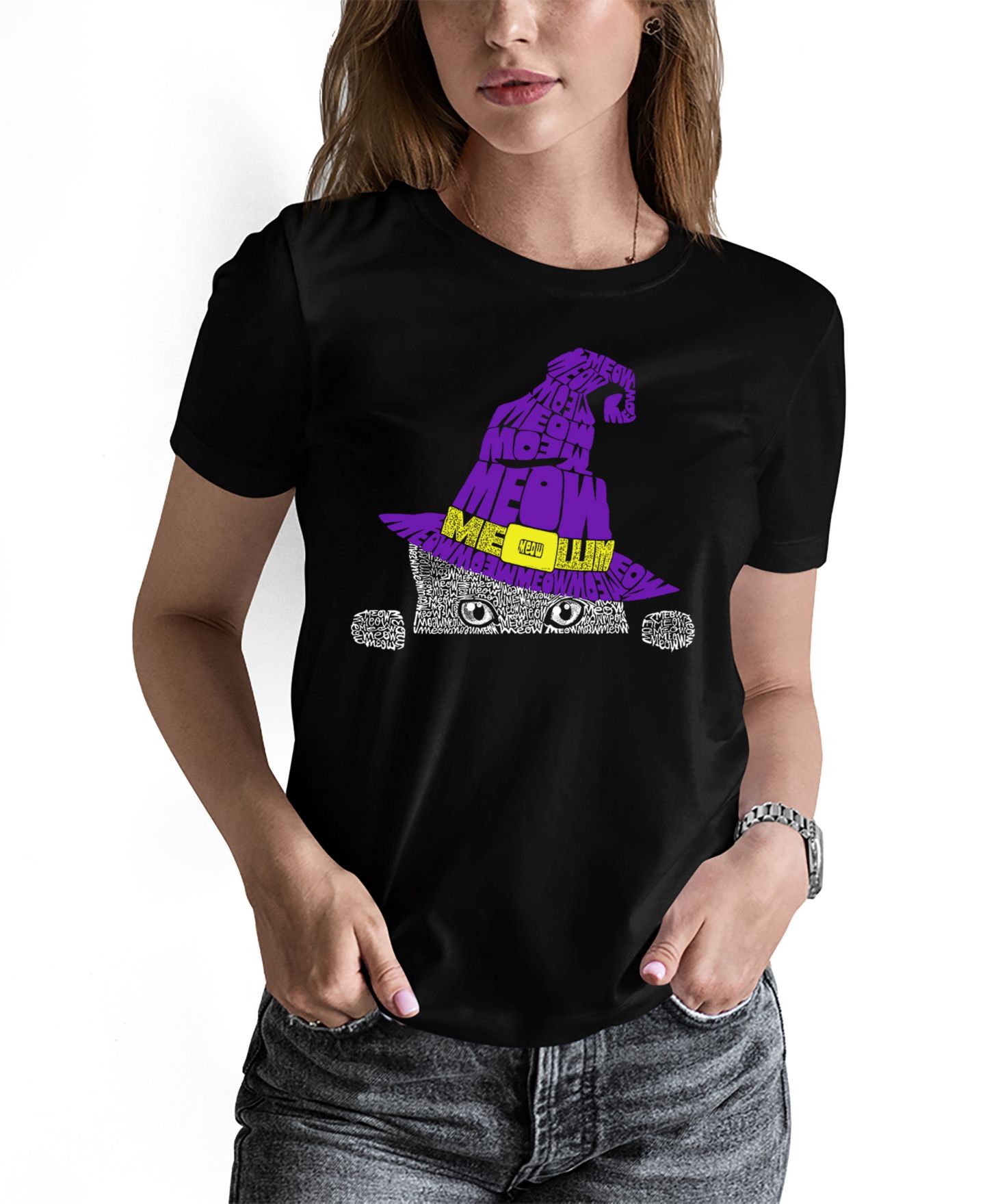Женская футболка LA Pop Art Peeking Witch Cat Word Art Crew Neck, цвет: Чёрный — фото 1