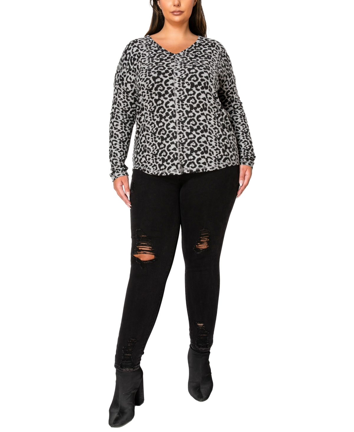 Coin 1804 Plus Size Leopard Print Cozy V-Neck Dolman Sleeve Top