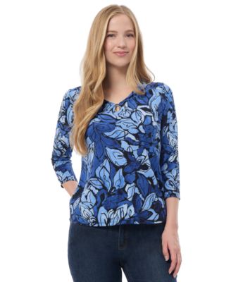 Jones New York - Women's Printed Crepe V-Neck Keyhole Top