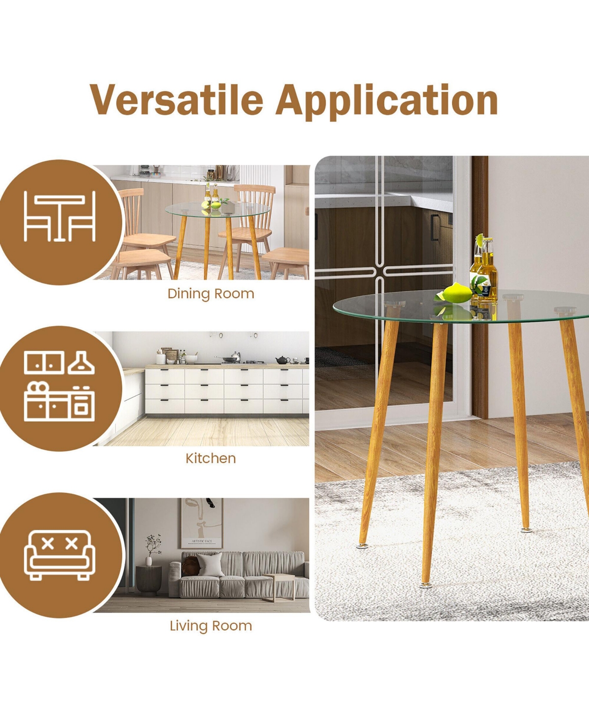 Gymax Leisure Coffee Table Round Glass Dining Table w/ Metal Legs Kitchen Living Room - Clear+natural