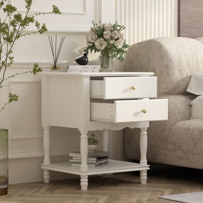 European style luxury white 2-drawer bedside table, bedroom nightstand, wooden end table