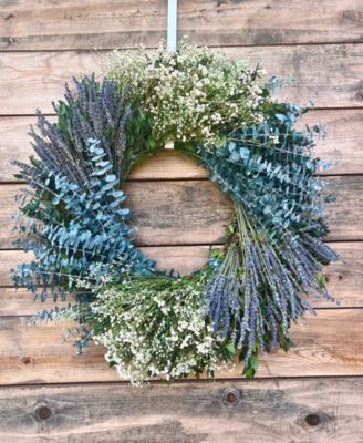 Real Preserved Wreath Baby Blue Eucalyptus, Dried Lavender and Baby's Breath, 22"