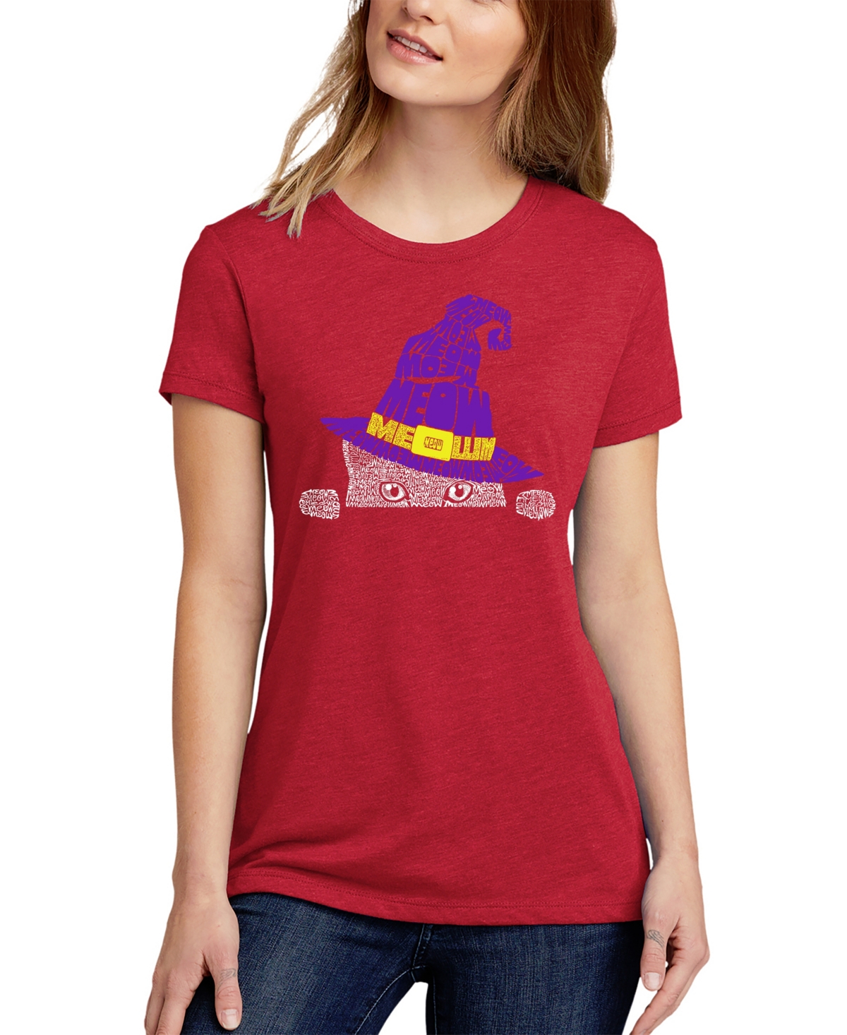 Shop La Pop Art Women's Peeking Witch Cat Premium Blend Word Art T-shirt In Red