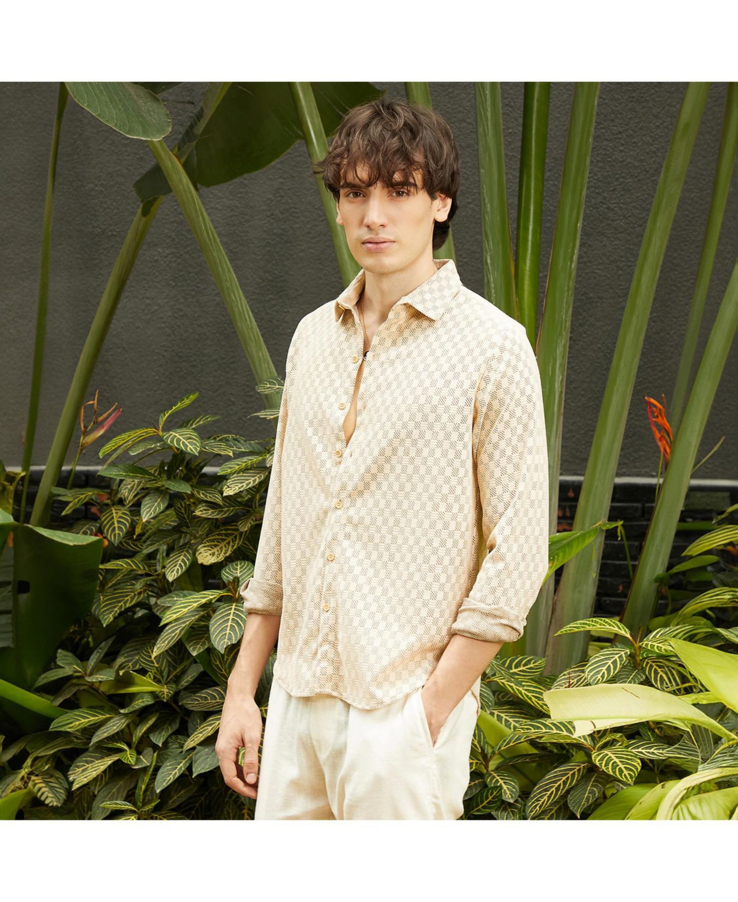 Мужская рубашка Cahoot Campus Sutra Saltbox Beige Checkered-Textured, цвет: Бежевый / Хаки — фото 5
