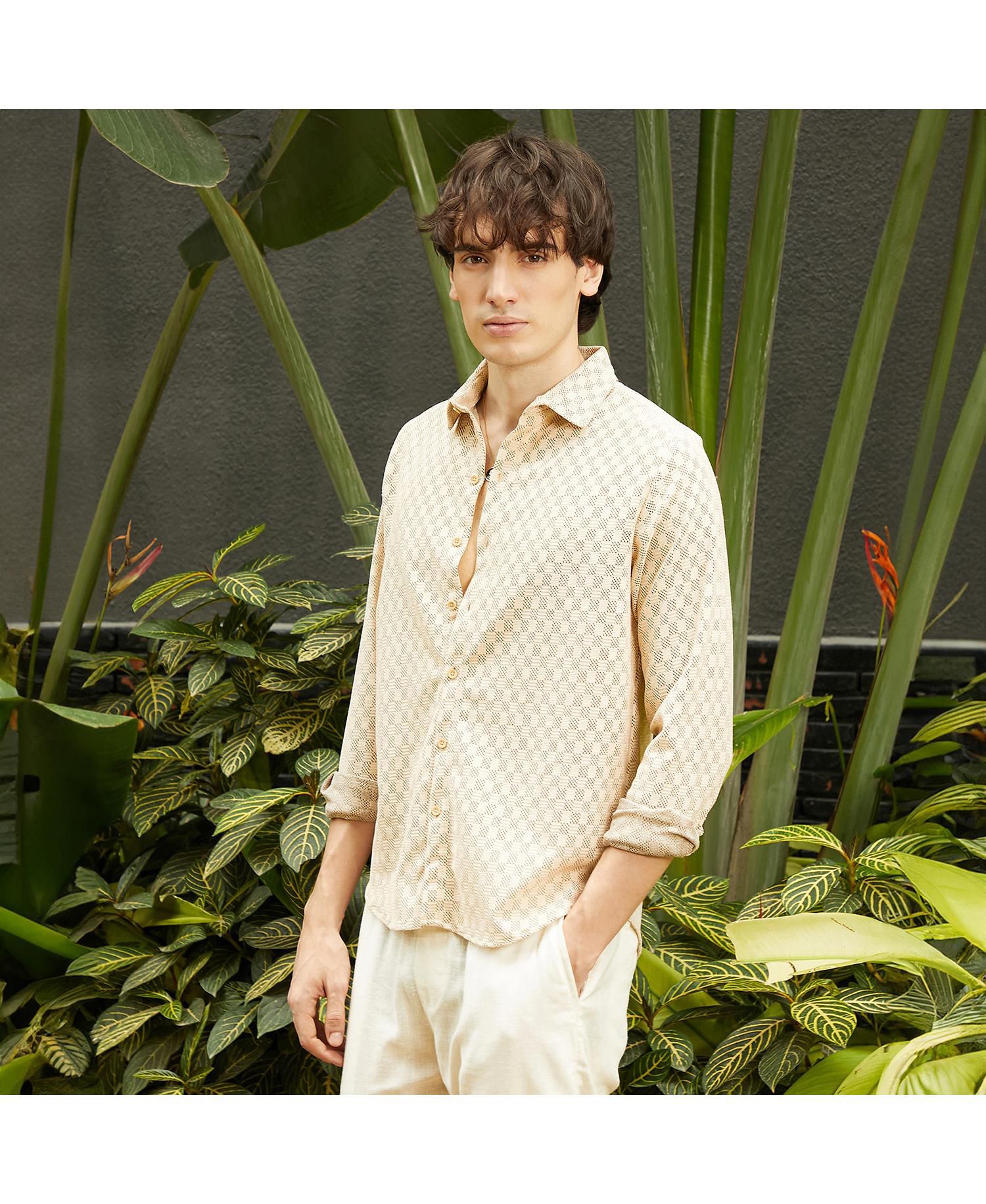 Men's Saltbox Beige Checkered-Textured Shirt