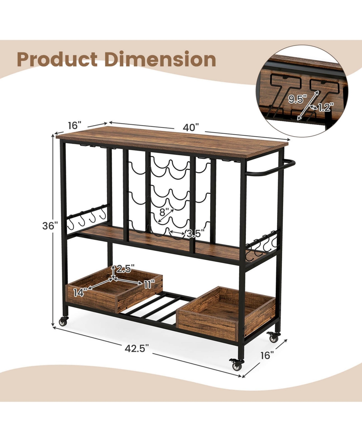 Costway 3 Tiers Bar Cart Home Serving Cart on Wheels with Glass Racks Wine Holders