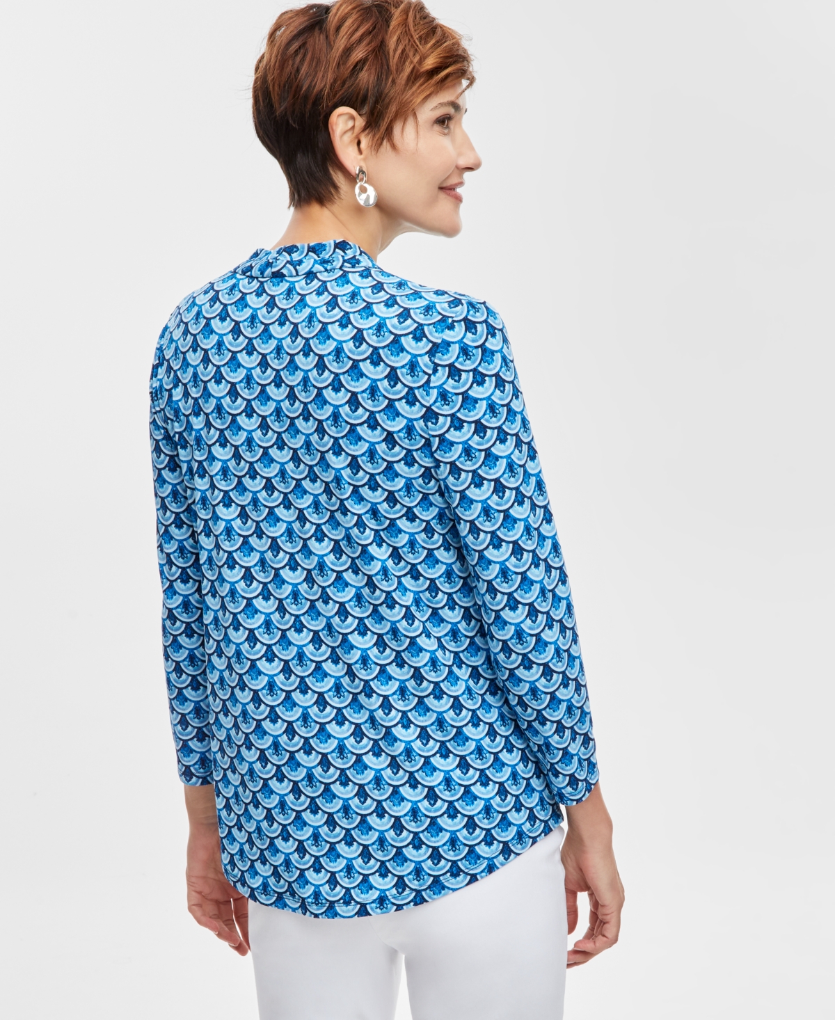 Shop Jm Collection Women's Printed Pleated V-neck Top, Exclusively At Macy's In Indigo Combo