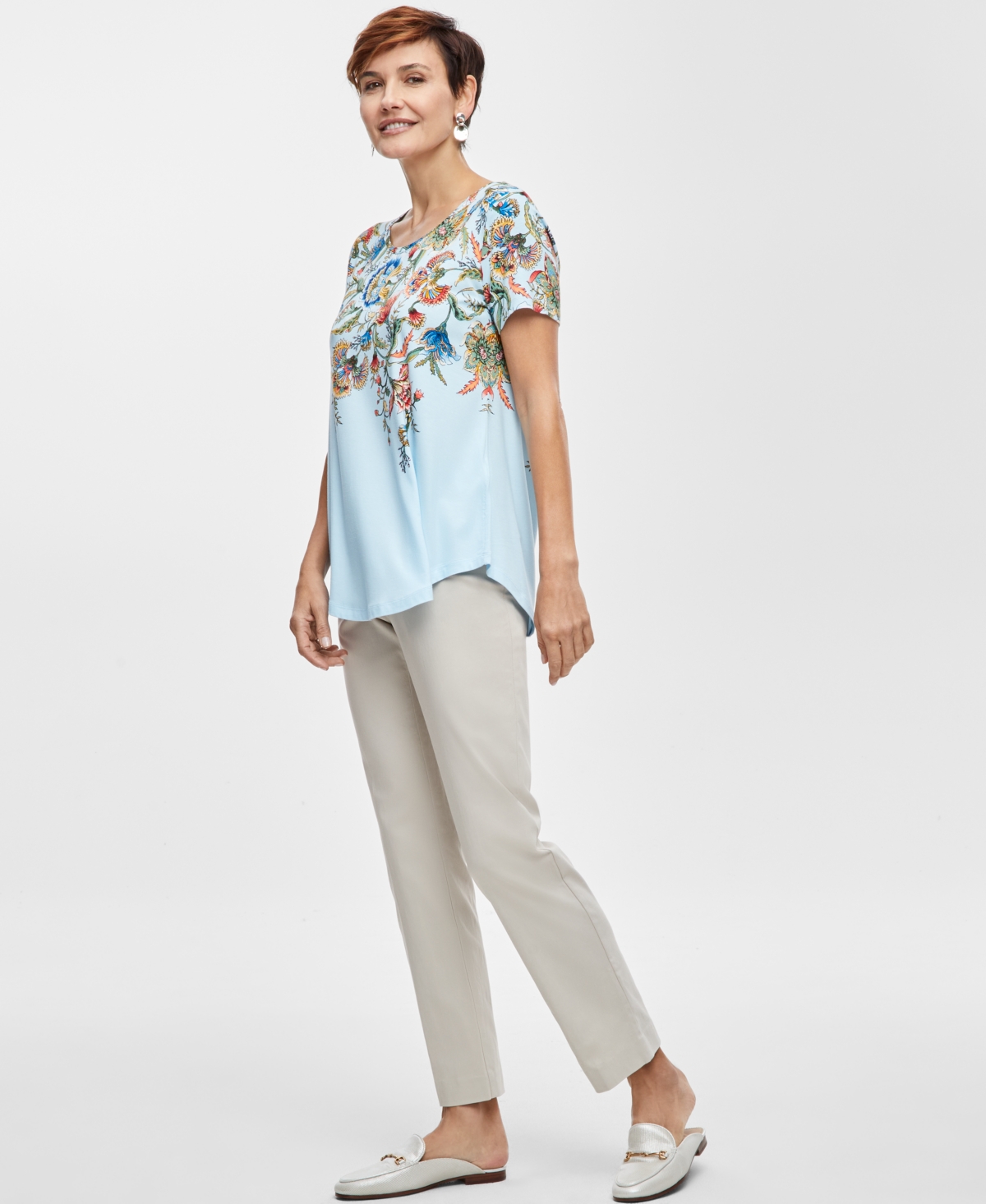 Shop Jm Collection Women's Printed Scoop-neck T-shirt In Winter Mist Combo