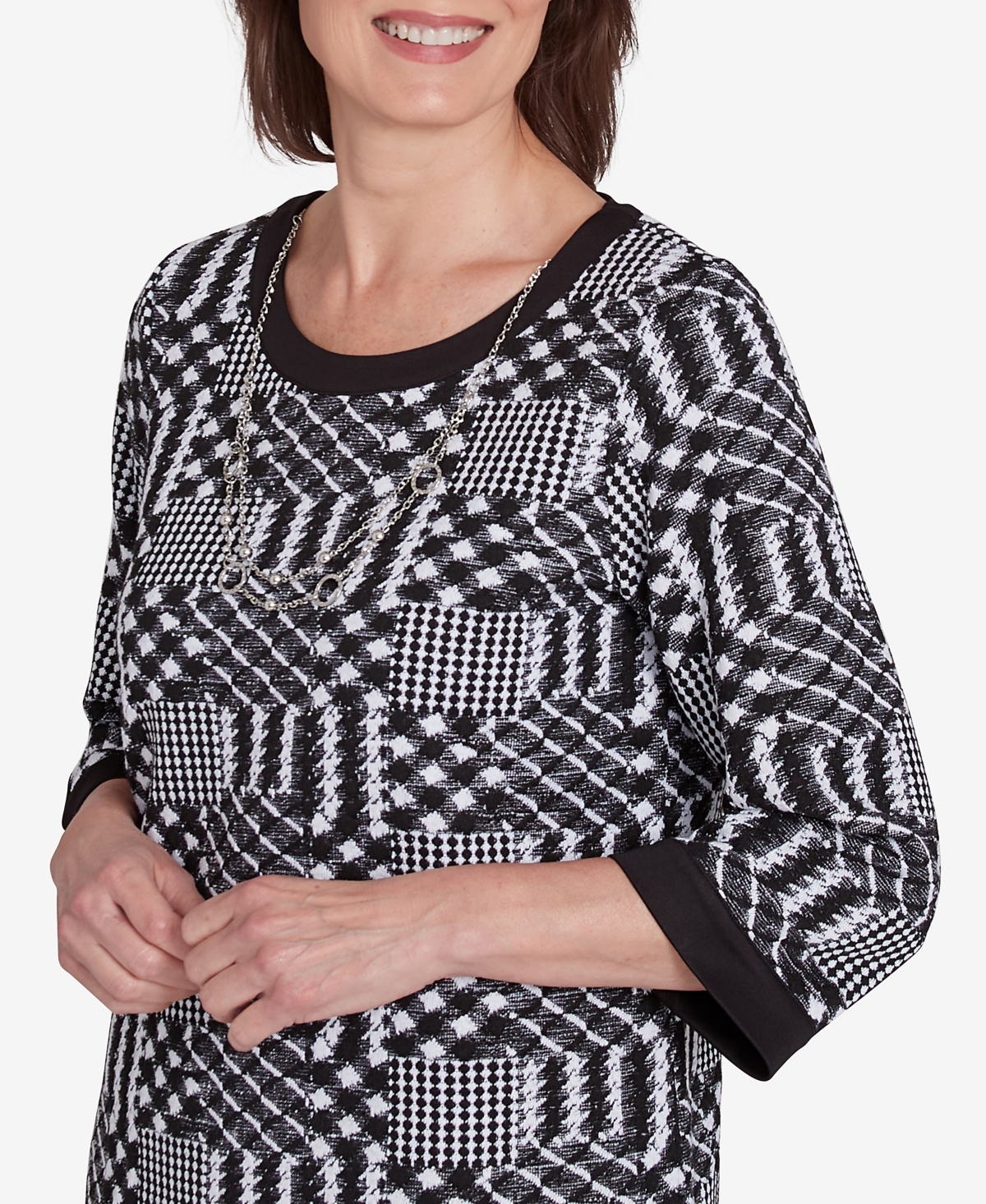 Alfred Dunner Runway Ready Women's Houndstooth Textured Top In Multi Black