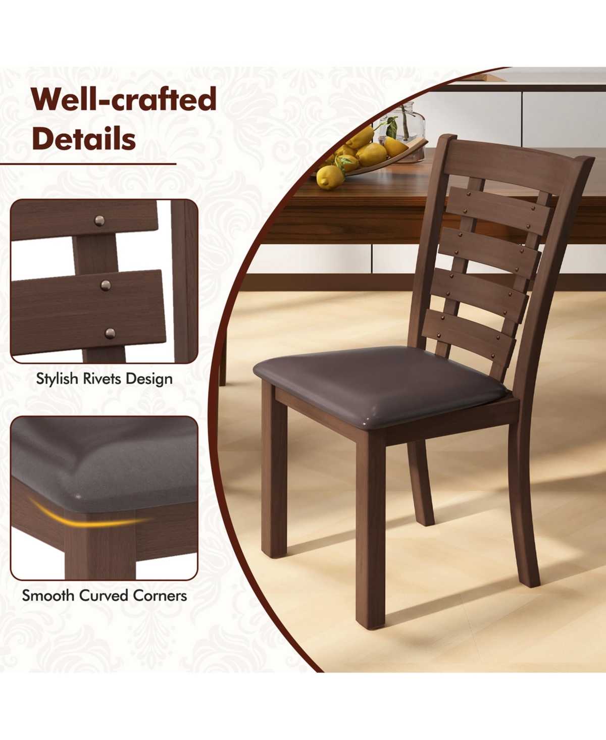 Costway Wooden Dining Chairs Set of 4 with Upholstered Seat & Rubber High Back