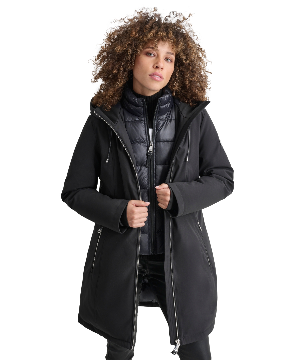 Dkny Womens Hooded Bibbed Zip-Front Puffer Coat