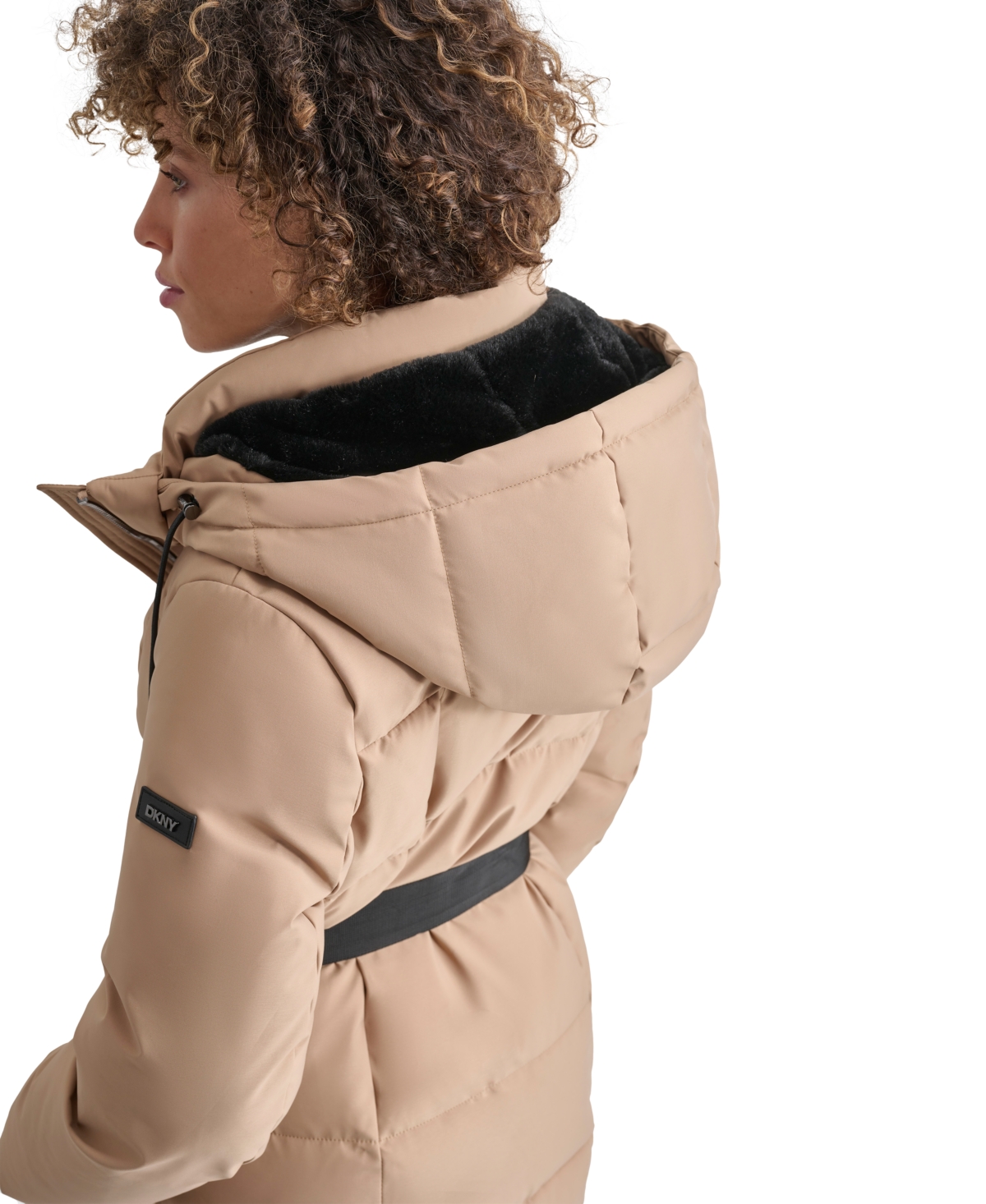 Shop Dkny Womens Maxi Belted Hooded Puffer Coat In Camel