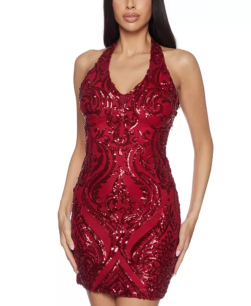 juniors' sequined bodycon halter dress