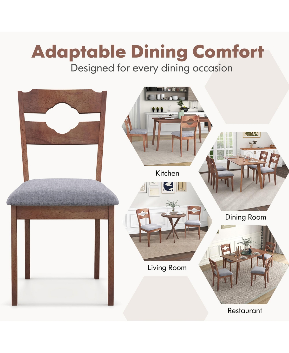 Gymax Set of 4 Dining Chair w/ Padded Seat High Back Rubber Wood Frame Kitchen Chairs - Brown+grey