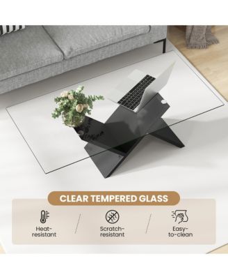 47'' Rectangle Glass Coffee Table w/ Tempered Glass Tabletop & Geometric