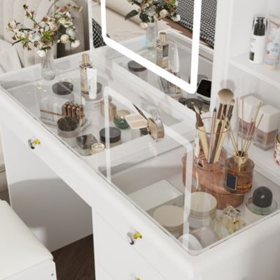 White Wood Makeup Vanity Set Dressing Desk with Glass Top