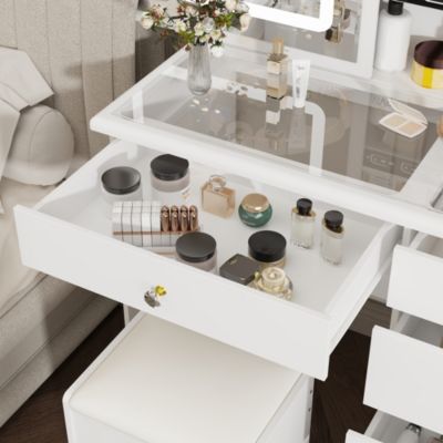 White Wood Makeup Vanity Set Dressing Desk with Glass Top