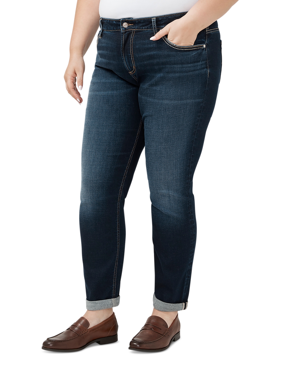 Shop Silver Jeans Co. Plus Size Mid Rise Slim Leg Cuffed Boyfriend Jeans In Indigo