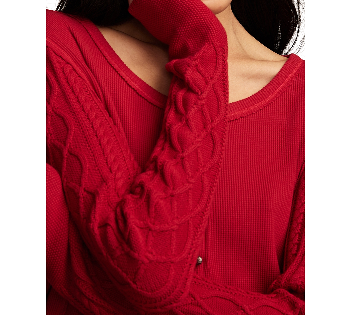 Shop Lucky Brand Women's Cotton Textured Mixed-sleeve Henley Top In Jester Red