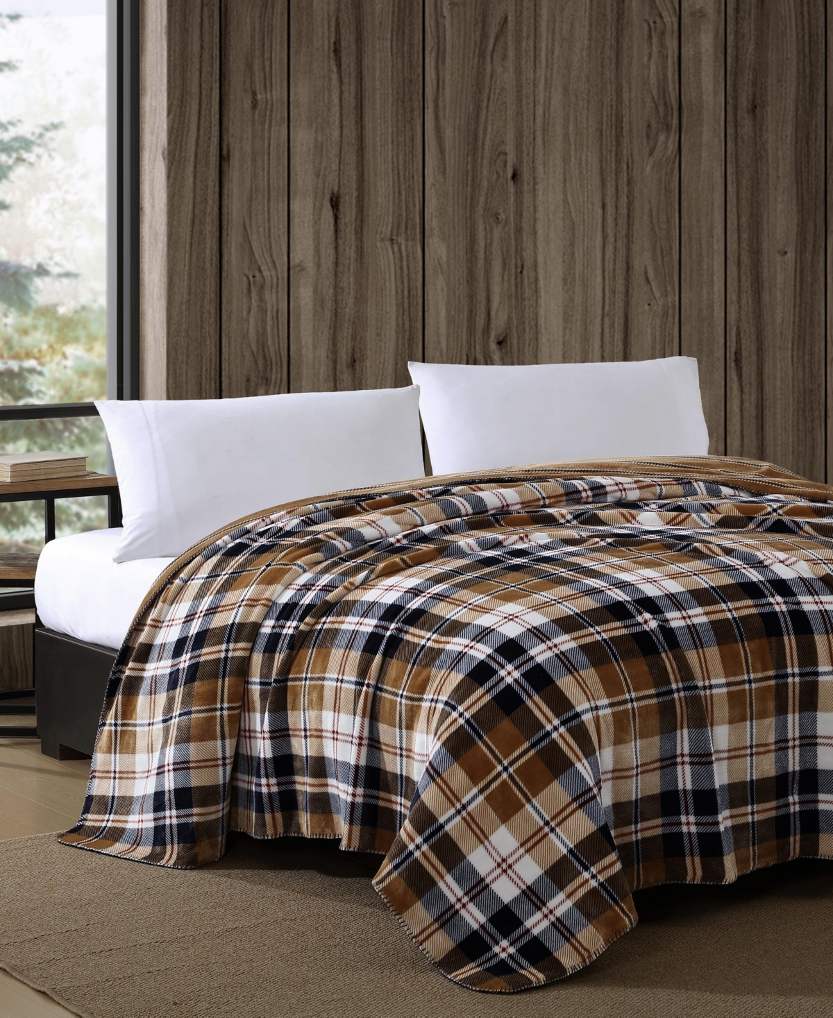 Eddie Bauer Trailhead Plaid Plush Reversible Blanket, King In Camel,navy