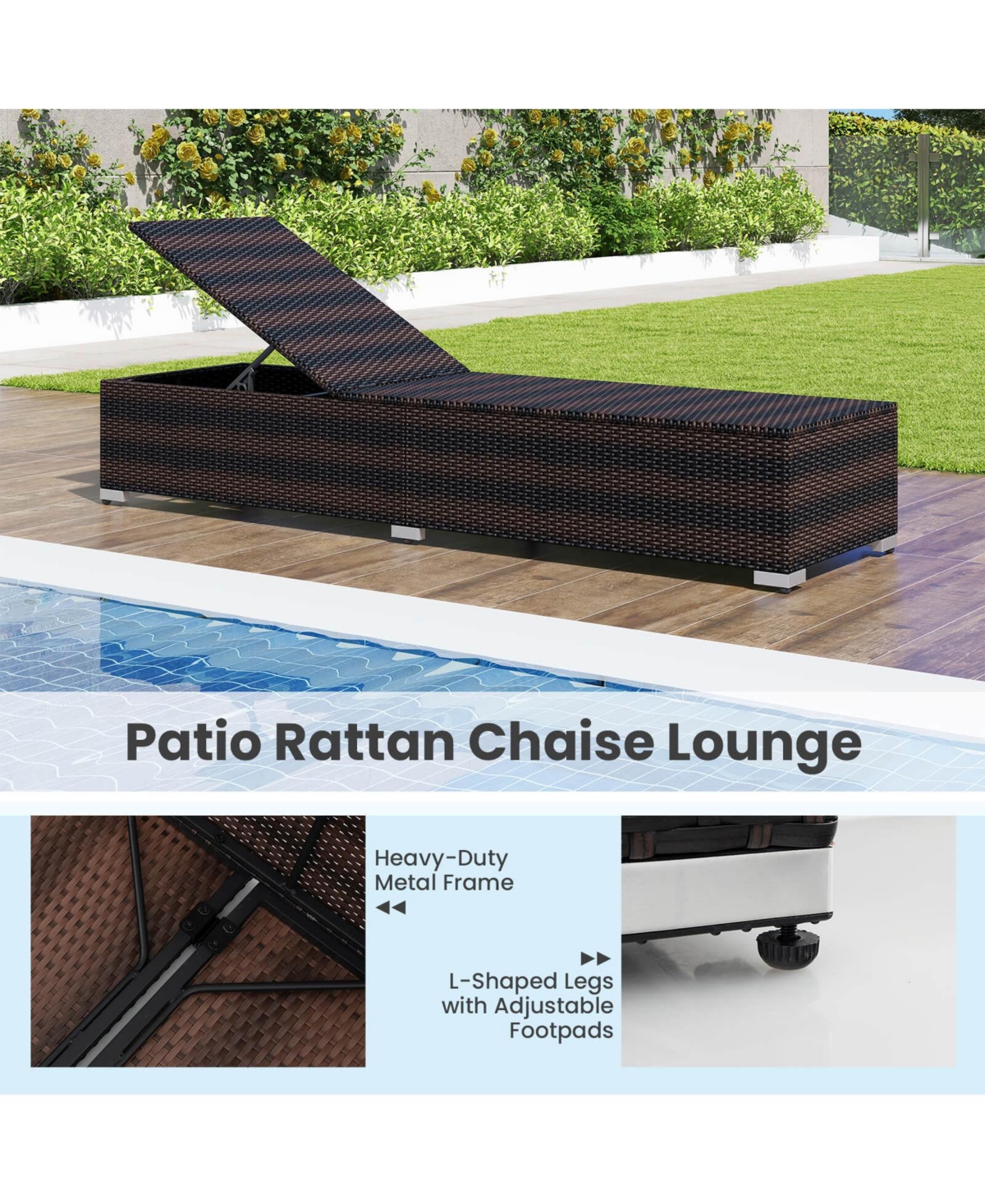 Pcs Chaise Lounge with 4-level Backrest Heavy-Duty Metal Frame Seat Cushion