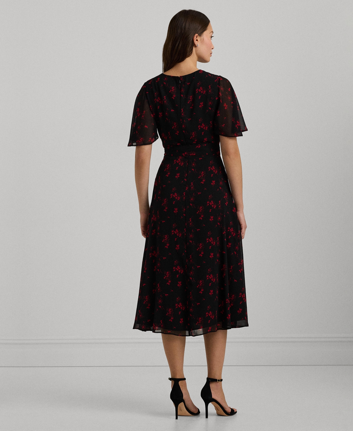 Lauren Ralph Lauren Women's Floral Belted Crinkle Georgette Dress -red