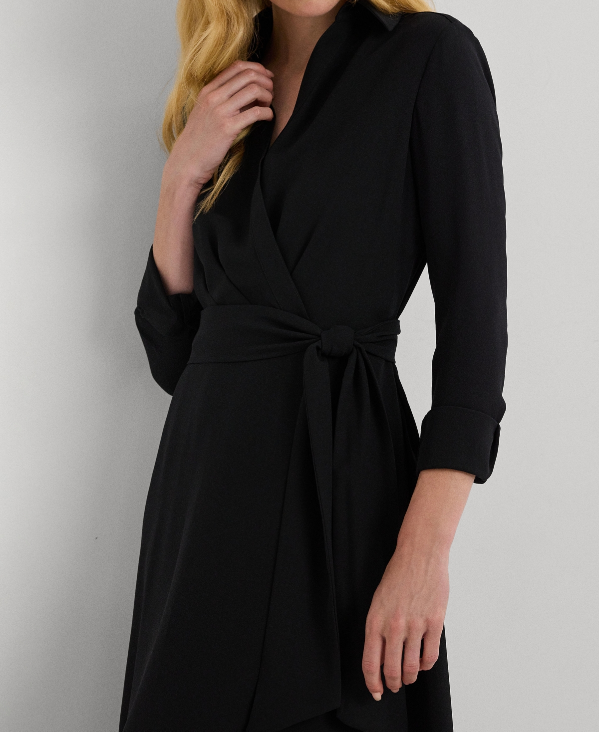 Ralph Lauren Women's Self-belt Long-sleeve Surplice Georgette Midi Dress In Black