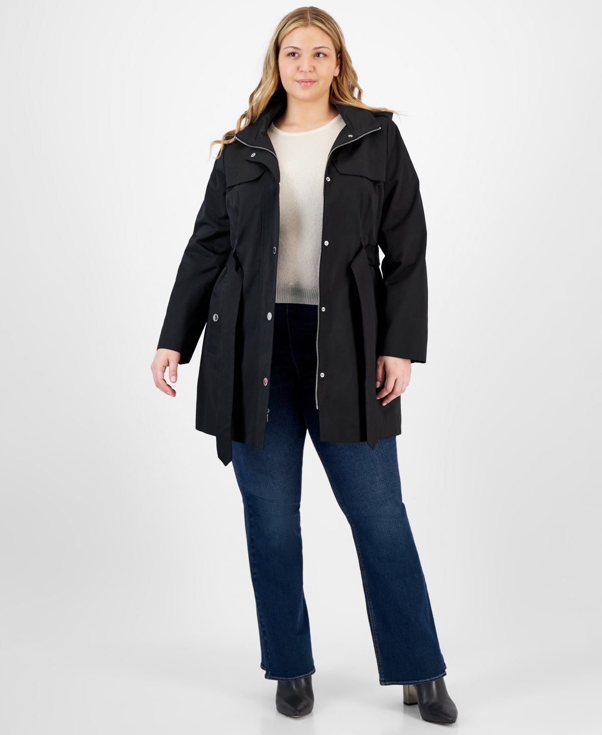 Plus Size Zip-Front Hooded Belted Trench Coat - Stone